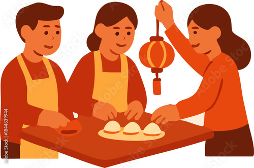 A warm flat illustration shows family members preparing traditional dumplings together while decorating with a red lantern, celebrating Lunar New Year customs.