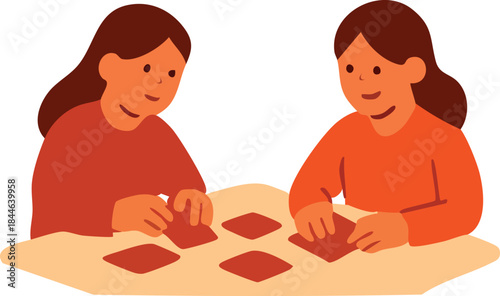 A warm flat illustration shows two people sitting at a table carefully folding red paper, symbolizing traditional Lunar New Year preparations and family bonding.