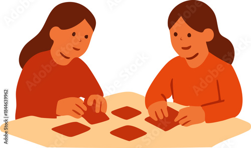 A warm flat illustration shows two people sitting at a table carefully folding red paper, symbolizing traditional Lunar New Year preparations and family bonding.