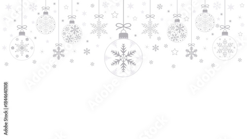 Exquisite Christmas background with hanging silver balls and snowflakes filled with stars on a transparent background, minimalistic design of winter holiday greeting cards or web banners. Vector