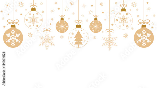 Exquisite Christmas background with hanging golden balls and snowflakes filled with stars on a transparent background, minimalistic design of winter holiday greeting cards or web banners. Vector illus