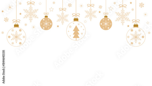 Exquisite Christmas background with hanging golden balls and snowflakes filled with stars on a transparent background, minimalistic design of winter holiday greeting cards or web banners. Vector illus