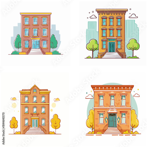 Download Illustrated buildings set various styles of residential and commercial structures for design projects and architectural concepts