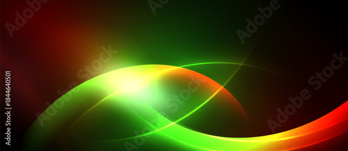 Abstract vibrant curves, red, green, yellow hues blend. Dynamic light creates flowing energy, modern design.