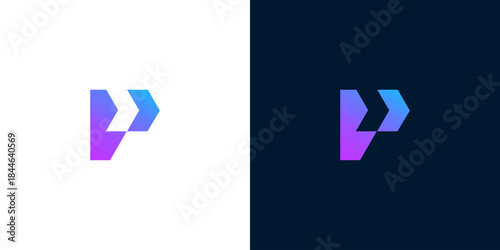Abstract P letter logo design, modern and dynamic geometric shape with gradient colors on white and dark backgrounds