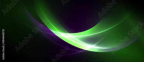 Abstract design features vibrant green, purple curves. Light streaks create dynamic, flowing visual effect against dark background.
