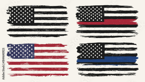 Vector American Flag Variations – Stylized Patriot Graphics with Red and Blue Support Stripes for Firefighters, Law Enforcement, and National Identity Design Themes