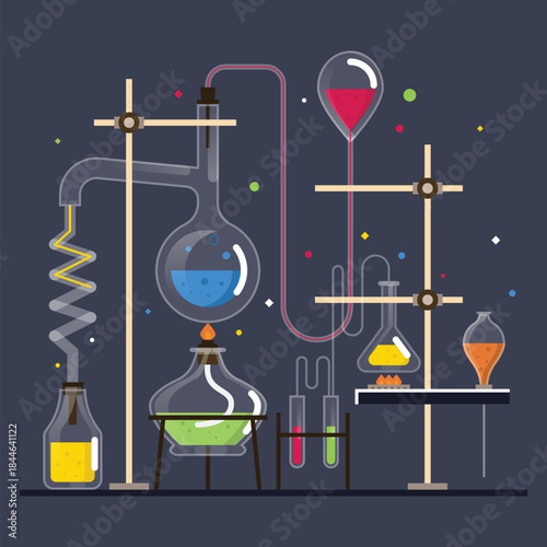 Educational chemistry concept colorful liquids glassware design vector