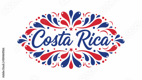 Vector Costa Rica Decorative Illustration – Stylized Script and Ornamental Red & Blue Motifs for National Pride, Tourism, and Cultural Identity Design Themes