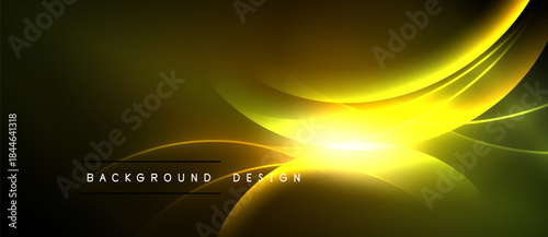 Dark background features golden curves, bright light source. Modern design elements create dynamic visual effect. Simple text reads background design.