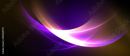 Abstract light curves radiate from center. Purple, gold hues blend into darkness. Smooth gradients create dynamic visual effect.