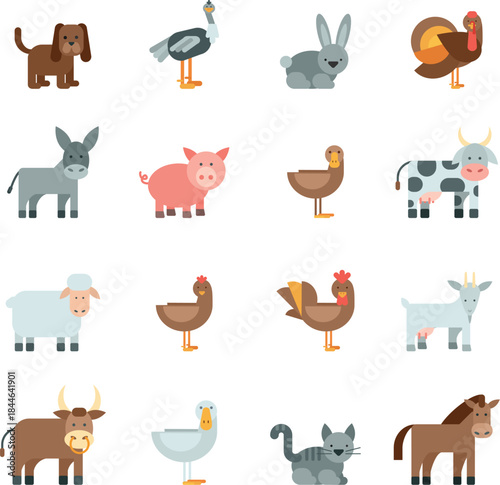 Set of cute flat farm animal characters vector