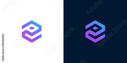 Abstract geometric logo design with gradient colors and hexagonal shape on white and dark backgrounds