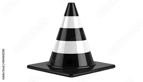 Isolated, glossy, black and white striped traffic cone with square base on black backdrop