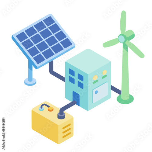Concept of Green Energy and Sustainable Power System with Solar Panel, Wind Turbine, and Battery Storage Unit Illustration