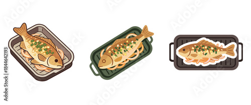 Delicious Grilled Fish with Onions and Green Scallions in a Baking Pan Dish Icon Set for Menu Design and Cooking Concept