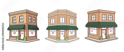 Set of Cartoon Corner Store Buildings with Green Awnings and Display Windows Vector Illustration for Retail and City Life
