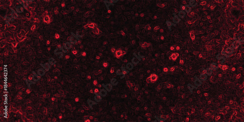 Dark red abstract background with glowing cellular clusters and a distressed textured surface resembling cosmic dust