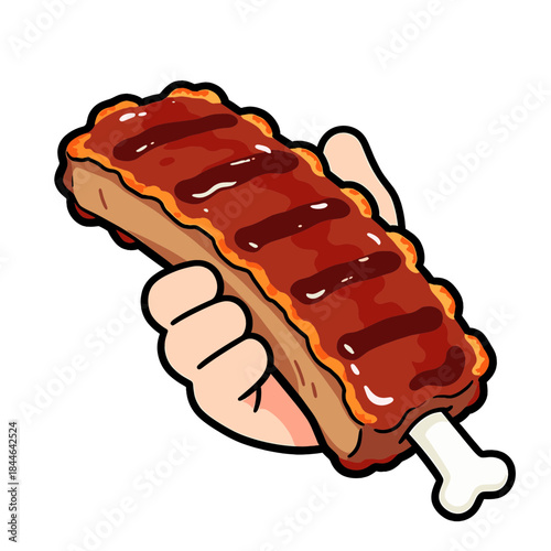 Hand Holding a Barbecue Grilled Meat Rib with Glaze and Bone Vector Illustration for BBQ and Summer Food Concept