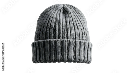 Isolated gray knit beanie hat with vertical ribbing, folded brim, neutral tone