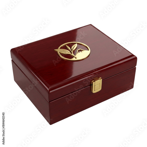 Elegant Chinese polished wooden tea box with gold leaf emblem and clasp