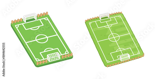 Two Isometric Soccer Football Fields with Goals and Fences Vector Illustration Isolated on White Background for Sports Theme