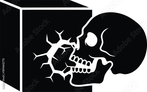 Skull breaking through a solid black box in a striking silhouette.