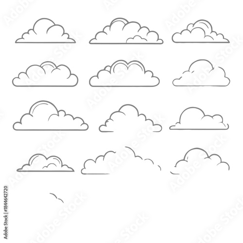 Set of Hand Drawn Cloud Icons in Grey Outline clouds