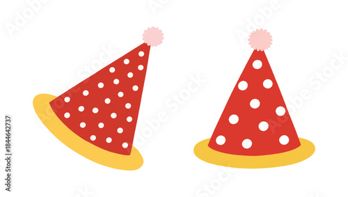 Two red and white polka dot party cone hats minimalist flat cartoon vector illustration for birthday and celebration design