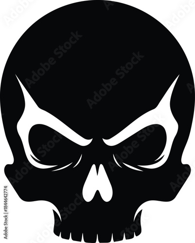 Striking black and white skull illustration with menacing eyes.