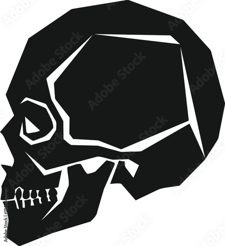 Stylized black skull with geometric white highlights on a white background.