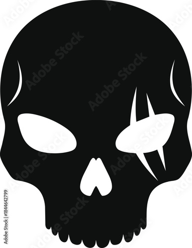 Stylized Black Skull with Scars and Empty Eyes.