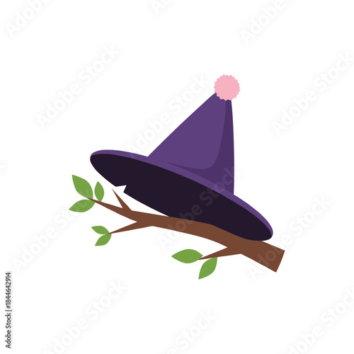 Purple witch wizard hat with pom-pom on a green leafy branch minimalist cartoon vector illustration for fantasy and Halloween