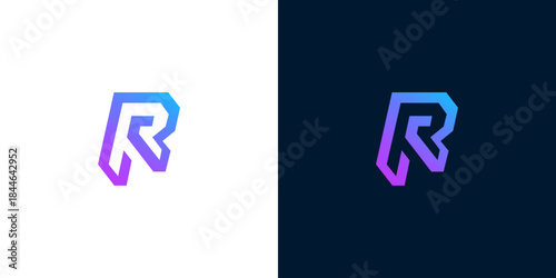 Abstract letter R logo design with gradient colors on white and dark backgrounds