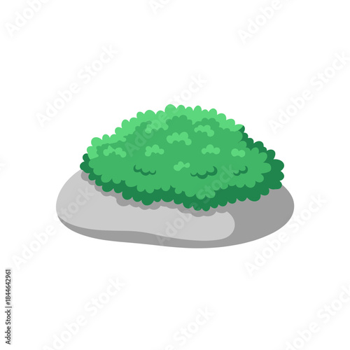 Lush green moss rock or small decorative shrub on a gray stone minimalist cartoon vector illustration nature garden design