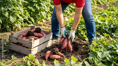 Harvesting sweet potatoes in a garden