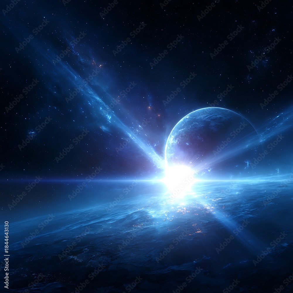 Obraz premium Blue cosmic beam traveling through vast interstellar darkness toward unknown high resolution picture