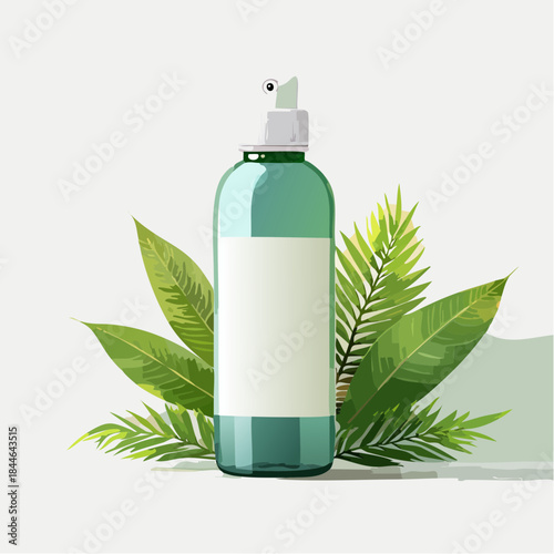 Green cosmetic bottle with fresh leaves, promoting natural beauty and sustainable skincare, an eco-friendly product with organic ingredients, ideal for health and wellness brands