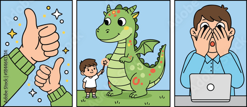 Comic-style dragon and child friendship scene with surprise reaction, fantasy moment, kindness gesture, playful story panels - flat vector illustration