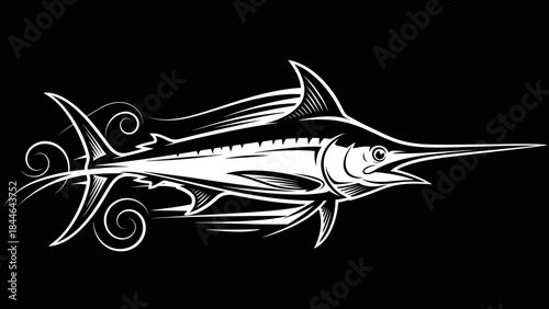Stylized Marlin Fish Illustration with Swirling Tail Fins.