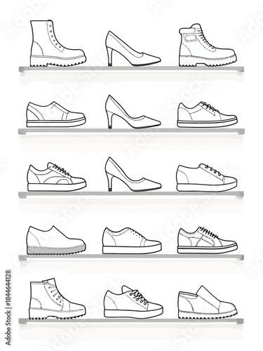 Collection of shoe illustrations displayed on shelves