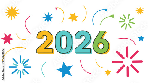 New Year 2026 Celebration: Capturing the vibrant anticipation of the New Year, an artful design showcases the year 2026 amidst a cascade of colorful celebratory elements.