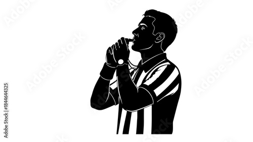 Referee's Whistle: A silhouette of a soccer referee blowing a whistle during a match, a symbol of authority, and decision-making within the game. 