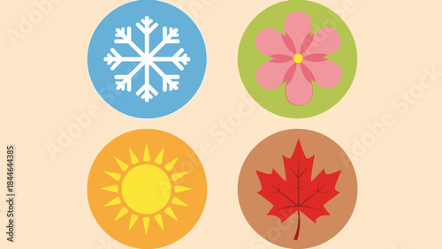 Seasons of Change: A vibrant illustration showcasing the distinct symbols of the four seasons: winter snowflake, spring flower, summer sun, and autumn leaf.