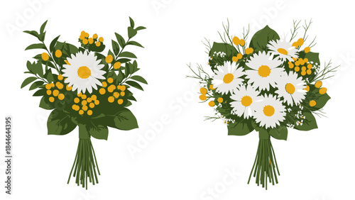 Floral Duo: a pair of vibrant floral arrangement with daisies and other plants captured from a high-angle perspective.