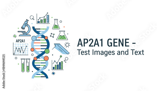 The illustration centers on a double-stranded DNA surrounded by science and research icons, such as a microscope, test tube, statistical graph, and chemical flask, with a focus on the AP2A1 Gene (AP2A