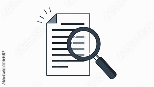A simple and modern icon illustration showing a document or paper with text and a magnifying glass on top.