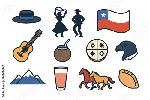 Chilean Culture Icon Set Vector Illustration with Traditional Symbols and Landmarks