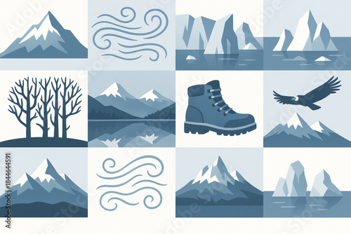 Chilean Andes and Patagonia Icon Grid Vector Illustration with Mountains, Glaciers and Wildlife