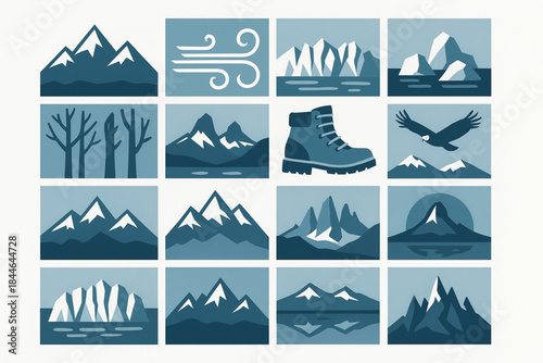 Chilean Andes and Patagonia Icon Grid Vector Illustration with Mountains, Glaciers and Wildlife
